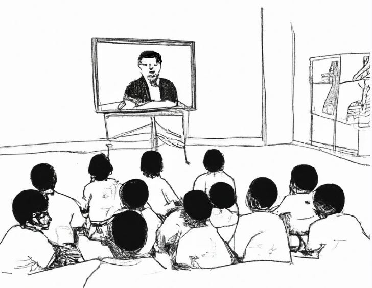 Children watching video in classroom.